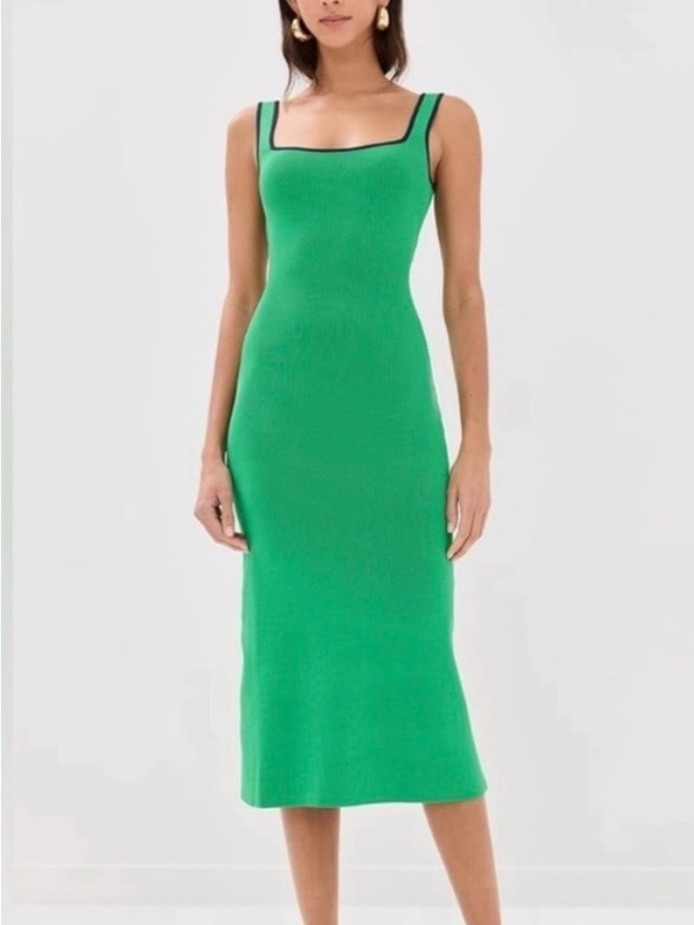 STAUD Green Square-Neck Knit Midi Dress with Black Trim